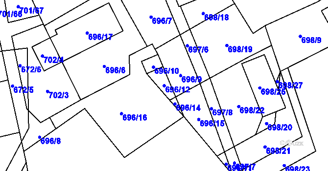 Parcela st. 696/12 v KÚ Dubí-Bystřice, Katastrální mapa