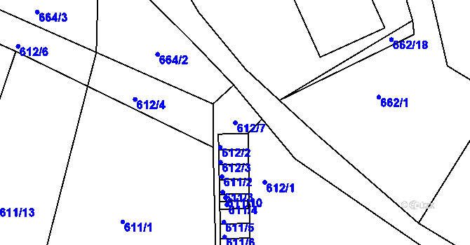 Parcela st. 612/7 v KÚ Dubí-Bystřice, Katastrální mapa