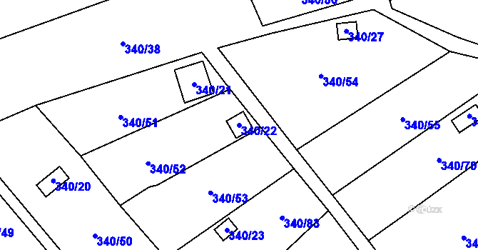 Parcela st. 340/22 v KÚ Běhánky, Katastrální mapa