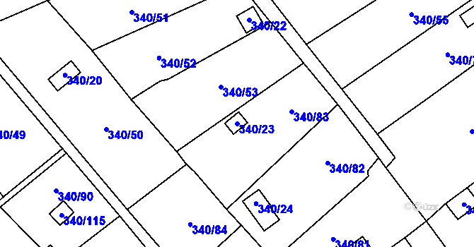 Parcela st. 340/23 v KÚ Běhánky, Katastrální mapa
