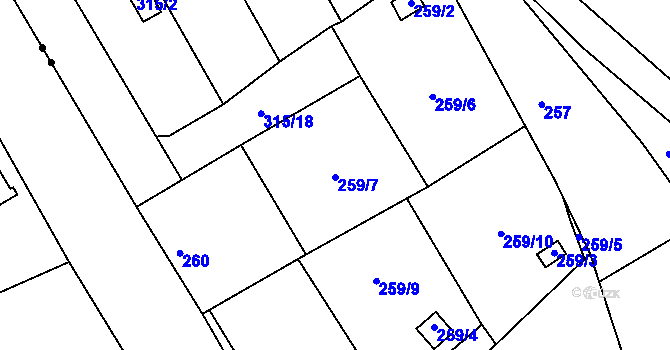 Parcela st. 259/12 v KÚ Drahůnky, Katastrální mapa