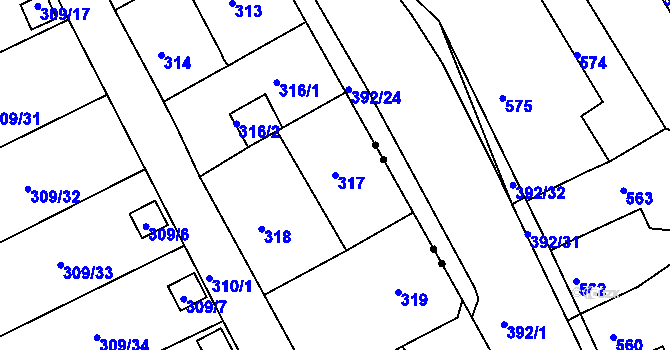 Parcela st. 317 v KÚ Dubí-Pozorka, Katastrální mapa