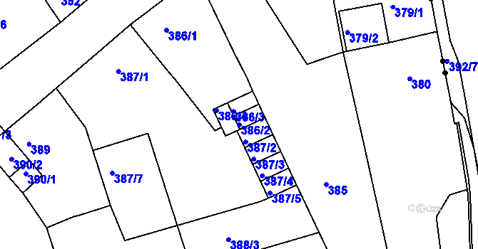 Parcela st. 386/2 v KÚ Dubí-Pozorka, Katastrální mapa