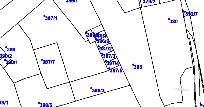 Parcela st. 387/3 v KÚ Dubí-Pozorka, Katastrální mapa