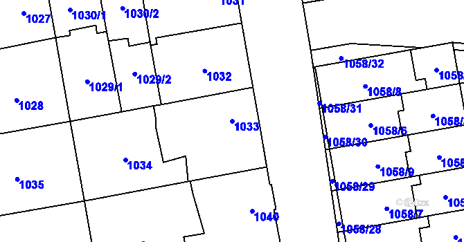 Parcela st. 1033 v KÚ Dubňany, Katastrální mapa