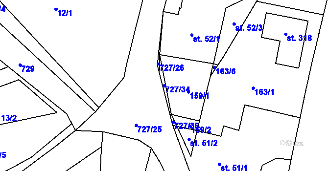Parcela st. 727/34 v KÚ Dubné, Katastrální mapa