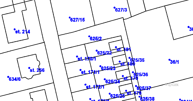 Parcela st. 625/22 v KÚ Dubné, Katastrální mapa