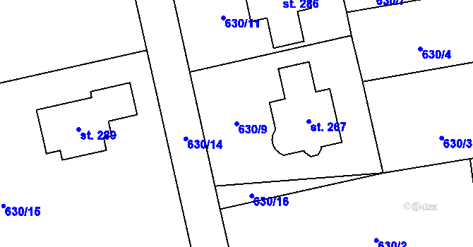 Parcela st. 630/9 v KÚ Dubné, Katastrální mapa