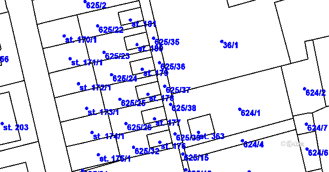 Parcela st. 625/37 v KÚ Dubné, Katastrální mapa