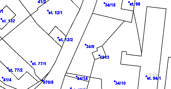 Parcela st. 34/9 v KÚ Jaronice, Katastrální mapa