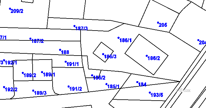 Parcela st. 186/3 v KÚ Dubno, Katastrální mapa