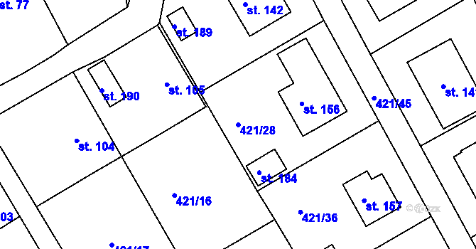 Parcela st. 421/28 v KÚ Dušejov, Katastrální mapa