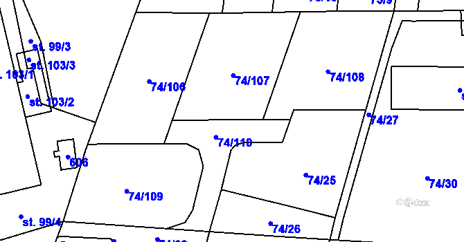Parcela st. 74/25 v KÚ Dušníky, Katastrální mapa