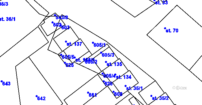 Parcela st. 605/3 v KÚ Dušníky, Katastrální mapa