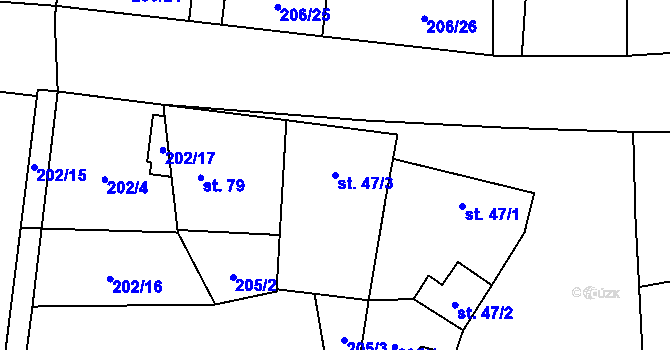 Parcela st. 47/3 v KÚ Dvory u Nymburka, Katastrální mapa