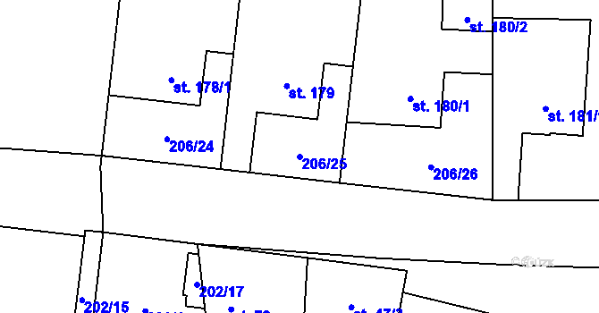 Parcela st. 206/25 v KÚ Dvory u Nymburka, Katastrální mapa