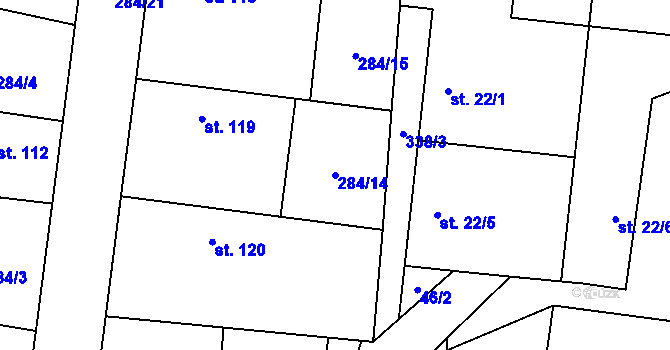 Parcela st. 284/14 v KÚ Dvory u Nymburka, Katastrální mapa