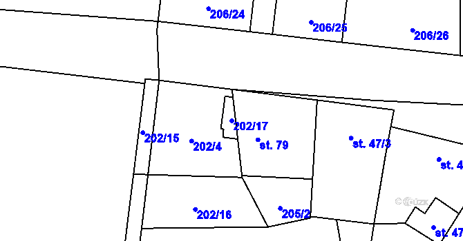 Parcela st. 202/17 v KÚ Dvory u Nymburka, Katastrální mapa