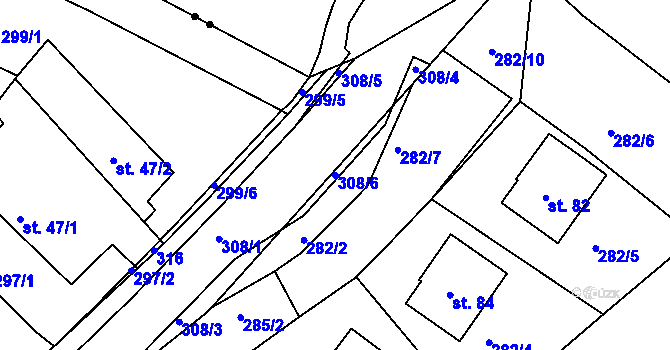 Parcela st. 308/6 v KÚ Dvořisko, Katastrální mapa