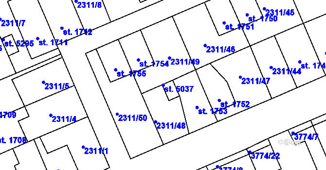 Parcela st. 5037 v KÚ Dvůr Králové nad Labem, Katastrální mapa