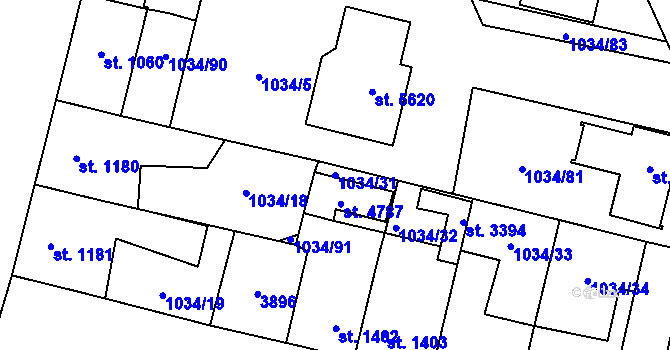Parcela st. 1034/31 v KÚ Dvůr Králové nad Labem, Katastrální mapa