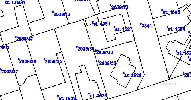 Parcela st. 2038/33 v KÚ Dvůr Králové nad Labem, Katastrální mapa