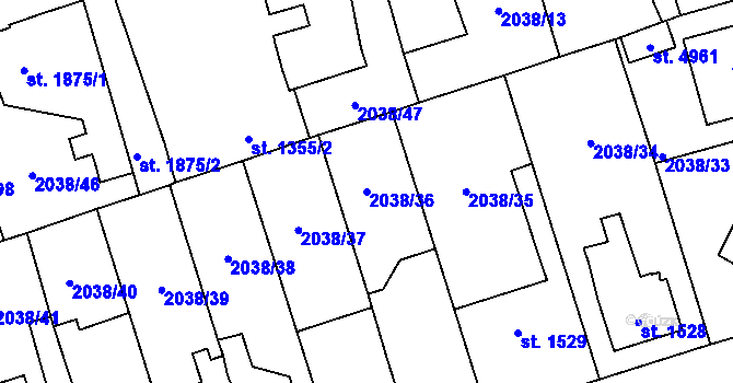Parcela st. 2038/36 v KÚ Dvůr Králové nad Labem, Katastrální mapa