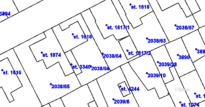 Parcela st. 2038/64 v KÚ Dvůr Králové nad Labem, Katastrální mapa