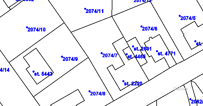 Parcela st. 2074/7 v KÚ Dvůr Králové nad Labem, Katastrální mapa