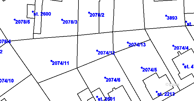 Parcela st. 2074/12 v KÚ Dvůr Králové nad Labem, Katastrální mapa