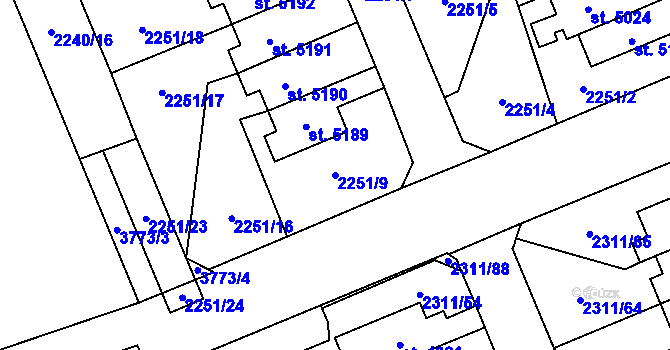Parcela st. 2251/9 v KÚ Dvůr Králové nad Labem, Katastrální mapa