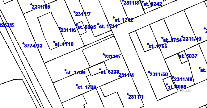 Parcela st. 2311/5 v KÚ Dvůr Králové nad Labem, Katastrální mapa