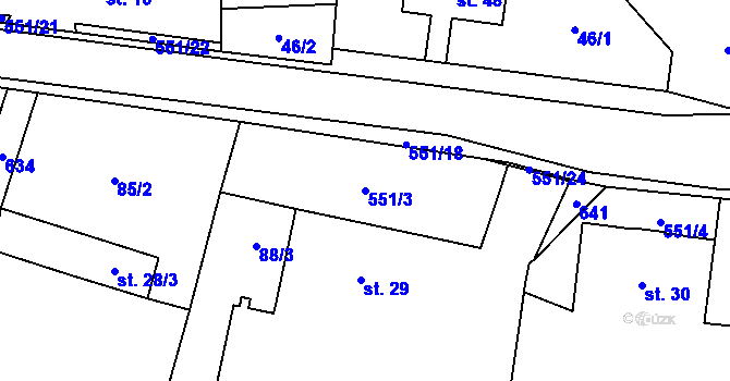 Parcela st. 551/3 v KÚ Zboží u Dvora Králové, Katastrální mapa