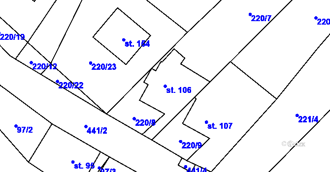 Parcela st. 106 v KÚ Žireč Městys, Katastrální mapa