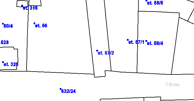 Parcela st. 57/2 v KÚ Dymokury, Katastrální mapa