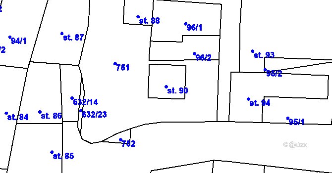 Parcela st. 90 v KÚ Dymokury, Katastrální mapa