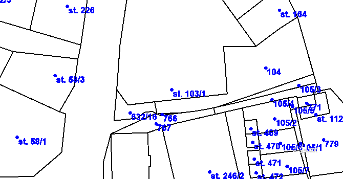 Parcela st. 103/1 v KÚ Dymokury, Katastrální mapa