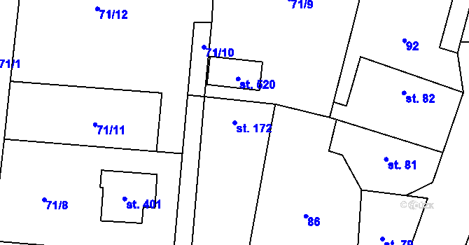 Parcela st. 172 v KÚ Dymokury, Katastrální mapa