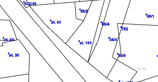 Parcela st. 191 v KÚ Dymokury, Katastrální mapa