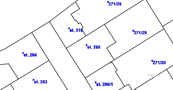 Parcela st. 285 v KÚ Dymokury, Katastrální mapa