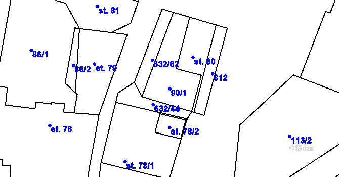 Parcela st. 90/1 v KÚ Dymokury, Katastrální mapa