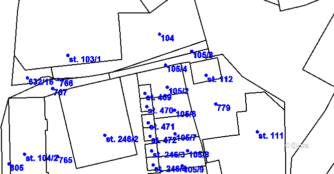 Parcela st. 105/2 v KÚ Dymokury, Katastrální mapa