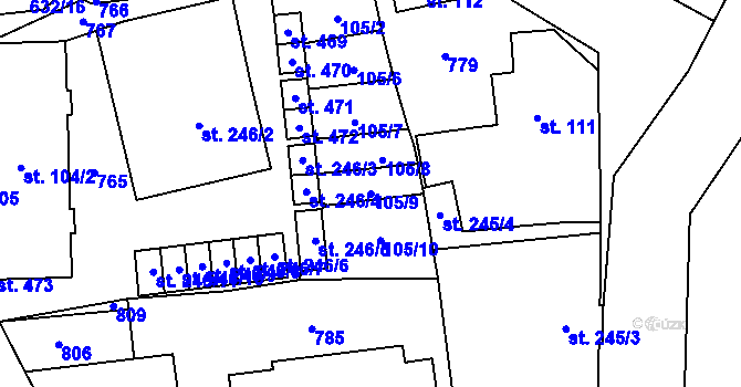 Parcela st. 105/9 v KÚ Dymokury, Katastrální mapa