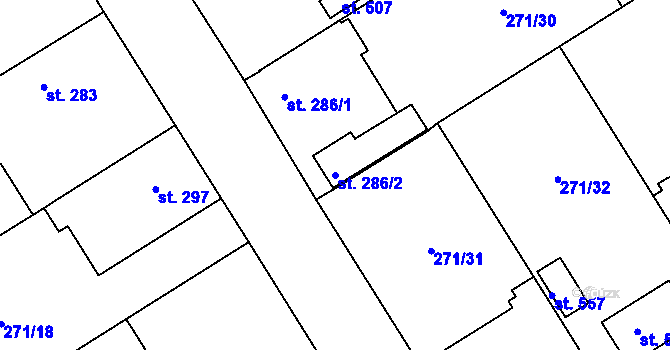 Parcela st. 286/2 v KÚ Dymokury, Katastrální mapa