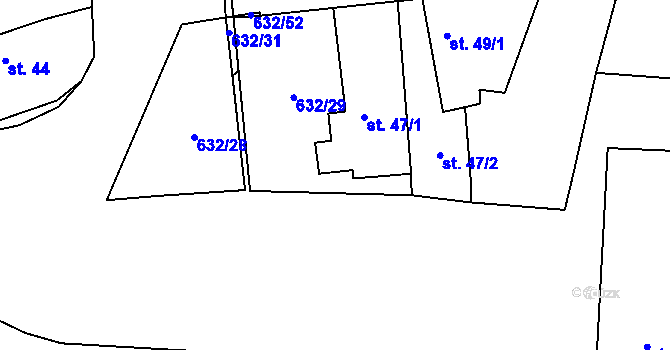 Parcela st. 632/43 v KÚ Dymokury, Katastrální mapa