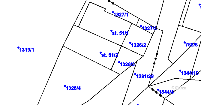 Parcela st. 51/2 v KÚ Dynín, Katastrální mapa