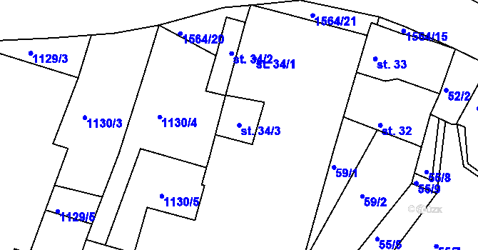 Parcela st. 34/3 v KÚ Dynín, Katastrální mapa