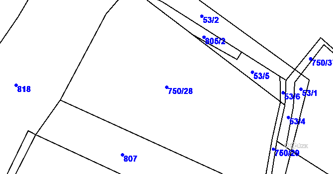Parcela st. 750/28 v KÚ Encovany, Katastrální mapa