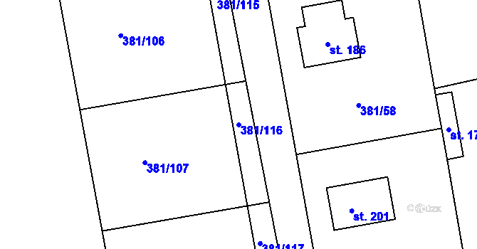Parcela st. 381/116 v KÚ Evaň, Katastrální mapa