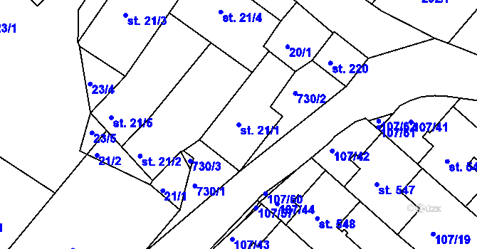 Parcela st. 21/1 v KÚ Horní Lomany, Katastrální mapa